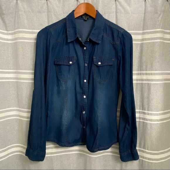 NEW LOOK / Dark Washed Lightweight Denim Pearl Snap Long Sleeve Shirt Size M - Picture 1 of 9